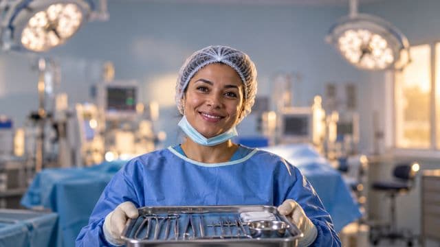 Instrumentadora cirúrgica sorrindo, com roupa cirúrgica azul, touca e máscara abaixada no queixo, segurando uma bandeja de instrumentos, em um centro cirúrgico moderno com focos de luz