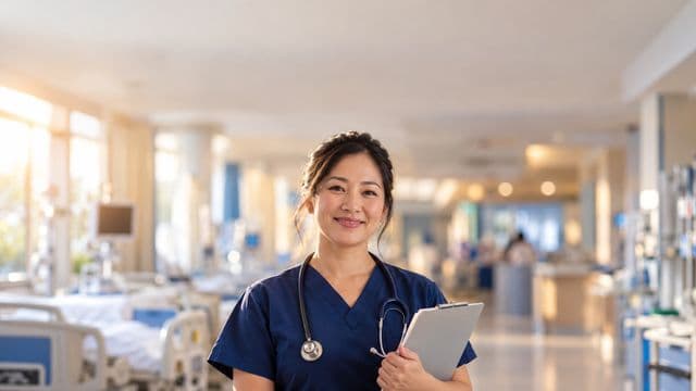 Enfermeira sorrindo, com uniforme hospitalar azul-marinho e estetoscópio no pescoço, segurando uma prancheta, em o corredor de um hospital moderno e bem iluminado, com leitos e equipamentos