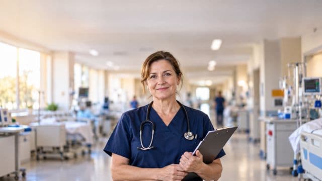 Enfermeira sorrindo, com uniforme hospitalar azul-marinho e estetoscópio no pescoço, segurando uma prancheta, em o corredor de um hospital moderno e bem iluminado, com leitos e equipamentos