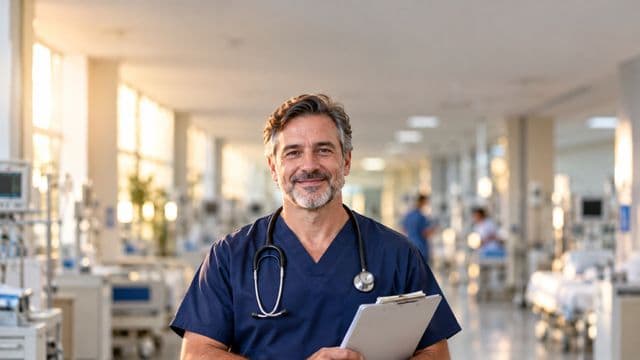 Enfermeiro sorrindo, com uniforme hospitalar azul-marinho e estetoscópio no pescoço, segurando uma prancheta, em o corredor de um hospital moderno e bem iluminado, com leitos e equipamentos