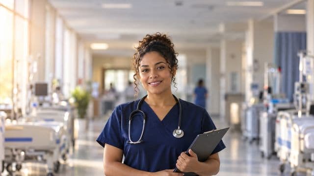 Enfermeira sorrindo, com uniforme hospitalar azul-marinho e estetoscópio no pescoço, segurando uma prancheta, em o corredor de um hospital moderno e bem iluminado, com leitos e equipamentos