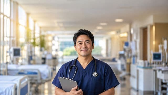 Enfermeiro sorrindo, com uniforme hospitalar azul-marinho e estetoscópio no pescoço, segurando uma prancheta, em o corredor de um hospital moderno e bem iluminado, com leitos e equipamentos