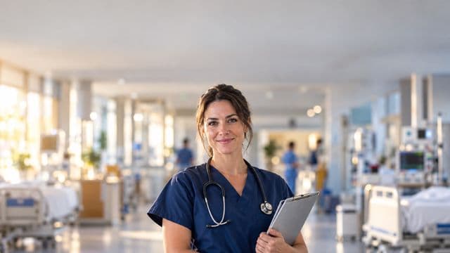 Enfermeira sorrindo, com uniforme hospitalar azul-marinho e estetoscópio no pescoço, segurando uma prancheta, em o corredor de um hospital moderno e bem iluminado, com leitos e equipamentos