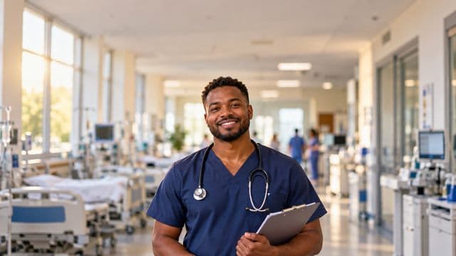 Enfermeiro sorrindo, com uniforme hospitalar azul-marinho e estetoscópio no pescoço, segurando uma prancheta, em o corredor de um hospital moderno e bem iluminado, com leitos e equipamentos