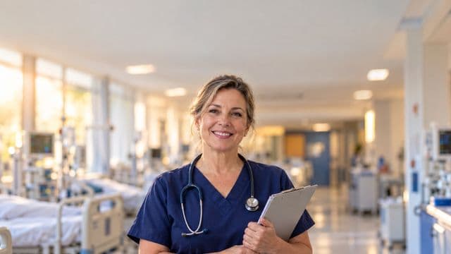 Enfermeira sorrindo, com uniforme hospitalar azul-marinho e estetoscópio no pescoço, segurando uma prancheta, em o corredor de um hospital moderno e bem iluminado, com leitos e equipamentos
