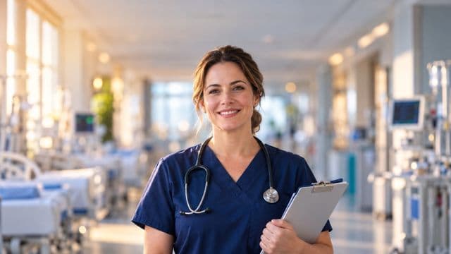 Enfermeira sorrindo, com uniforme hospitalar azul-marinho e estetoscópio no pescoço, segurando uma prancheta, em o corredor de um hospital moderno e bem iluminado, com leitos e equipamentos
