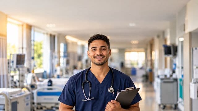 Enfermeiro sorrindo, com uniforme hospitalar azul-marinho e estetoscópio no pescoço, segurando uma prancheta, em o corredor de um hospital moderno e bem iluminado, com leitos e equipamentos