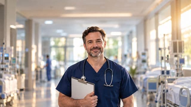 Enfermeiro sorrindo, com uniforme hospitalar azul-marinho e estetoscópio no pescoço, segurando uma prancheta, em o corredor de um hospital moderno e bem iluminado, com leitos e equipamentos