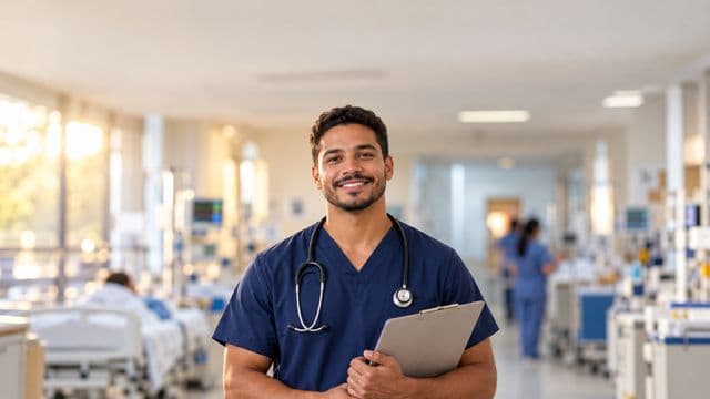 Enfermeiro sorrindo, com uniforme hospitalar azul-marinho e estetoscópio no pescoço, segurando uma prancheta, em o corredor de um hospital moderno e bem iluminado, com leitos e equipamentos