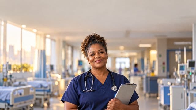 Enfermeira sorrindo, com uniforme hospitalar azul-marinho e estetoscópio no pescoço, segurando uma prancheta, em o corredor de um hospital moderno e bem iluminado, com leitos e equipamentos