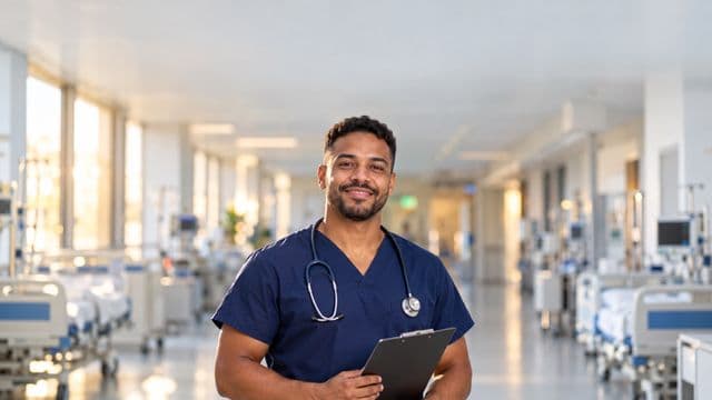 Enfermeiro sorrindo, com uniforme hospitalar azul-marinho e estetoscópio no pescoço, segurando uma prancheta, em o corredor de um hospital moderno e bem iluminado, com leitos e equipamentos