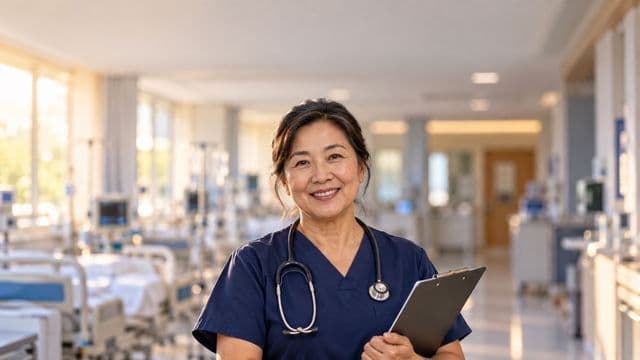 Enfermeira sorrindo, com uniforme hospitalar azul-marinho e estetoscópio no pescoço, segurando uma prancheta, em o corredor de um hospital moderno e bem iluminado, com leitos e equipamentos