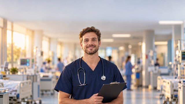 Enfermeiro sorrindo, com uniforme hospitalar azul-marinho e estetoscópio no pescoço, segurando uma prancheta, em o corredor de um hospital moderno e bem iluminado, com leitos e equipamentos