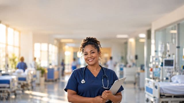 Enfermeira sorrindo, com uniforme hospitalar azul-marinho e estetoscópio no pescoço, segurando uma prancheta, em o corredor de um hospital moderno e bem iluminado, com leitos e equipamentos