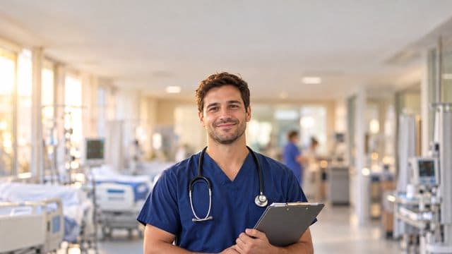Enfermeiro sorrindo, com uniforme hospitalar azul-marinho e estetoscópio no pescoço, segurando uma prancheta, em o corredor de um hospital moderno e bem iluminado, com leitos e equipamentos