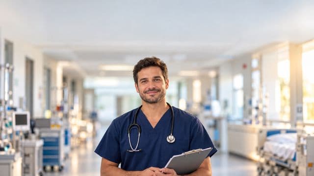 Enfermeiro sorrindo, com uniforme hospitalar azul-marinho e estetoscópio no pescoço, segurando uma prancheta, em o corredor de um hospital moderno e bem iluminado, com leitos e equipamentos