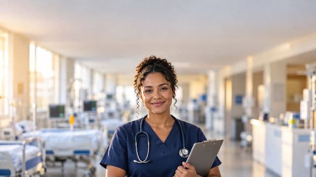 Enfermeira sorrindo, com uniforme hospitalar azul-marinho e estetoscópio no pescoço, segurando uma prancheta, em o corredor de um hospital moderno e bem iluminado, com leitos e equipamentos