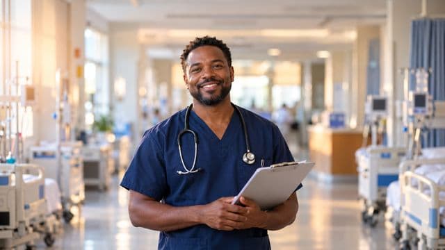 Enfermeiro sorrindo, com uniforme hospitalar azul-marinho e estetoscópio no pescoço, segurando uma prancheta, em o corredor de um hospital moderno e bem iluminado, com leitos e equipamentos
