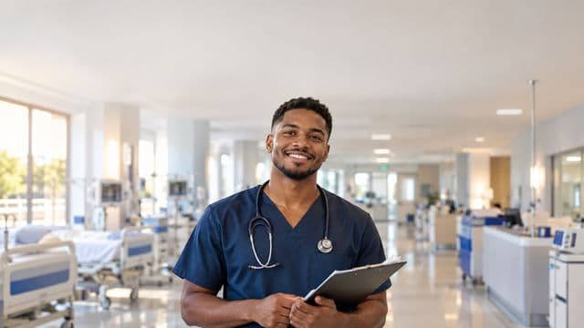 Enfermeiro sorrindo, com uniforme hospitalar azul-marinho e estetoscópio no pescoço, segurando uma prancheta, em o corredor de um hospital moderno e bem iluminado, com leitos e equipamentos