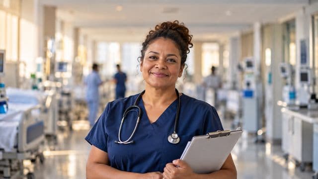 Enfermeira sorrindo, com uniforme hospitalar azul-marinho e estetoscópio no pescoço, segurando uma prancheta, em o corredor de um hospital moderno e bem iluminado, com leitos e equipamentos