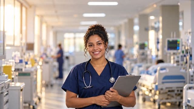 Enfermeira sorrindo, com uniforme hospitalar azul-marinho e estetoscópio no pescoço, segurando uma prancheta, em o corredor de um hospital moderno e bem iluminado, com leitos e equipamentos