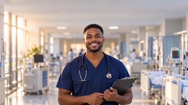 Enfermeiro sorrindo, com uniforme hospitalar azul-marinho e estetoscópio no pescoço, segurando uma prancheta, em o corredor de um hospital moderno e bem iluminado, com leitos e equipamentos