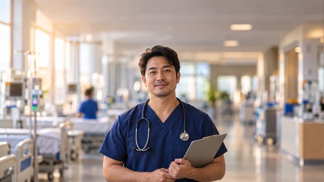 Enfermeiro sorrindo, com uniforme hospitalar azul-marinho e estetoscópio no pescoço, segurando uma prancheta, em o corredor de um hospital moderno e bem iluminado, com leitos e equipamentos