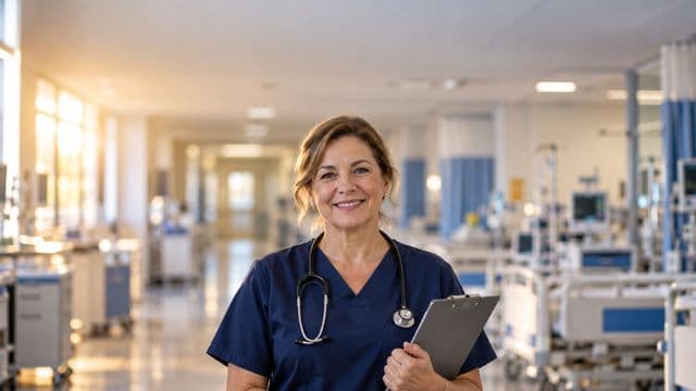 Enfermeira sorrindo, com uniforme hospitalar azul-marinho e estetoscópio no pescoço, segurando uma prancheta, em o corredor de um hospital moderno e bem iluminado, com leitos e equipamentos