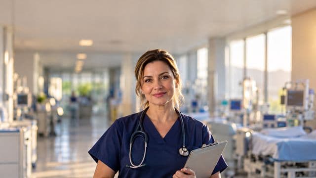 Enfermeira sorrindo, com uniforme hospitalar azul-marinho e estetoscópio no pescoço, segurando uma prancheta, em o corredor de um hospital moderno e bem iluminado, com leitos e equipamentos