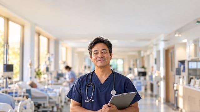 Enfermeiro sorrindo, com uniforme hospitalar azul-marinho e estetoscópio no pescoço, segurando uma prancheta, em o corredor de um hospital moderno e bem iluminado, com leitos e equipamentos
