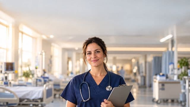 Enfermeira sorrindo, com uniforme hospitalar azul-marinho e estetoscópio no pescoço, segurando uma prancheta, em o corredor de um hospital moderno e bem iluminado, com leitos e equipamentos
