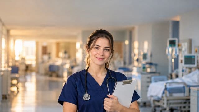 Enfermeira sorrindo, com uniforme hospitalar azul-marinho e estetoscópio no pescoço, segurando uma prancheta, em o corredor de um hospital moderno e bem iluminado, com leitos e equipamentos