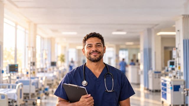 Enfermeiro sorrindo, com uniforme hospitalar azul-marinho e estetoscópio no pescoço, segurando uma prancheta, em o corredor de um hospital moderno e bem iluminado, com leitos e equipamentos