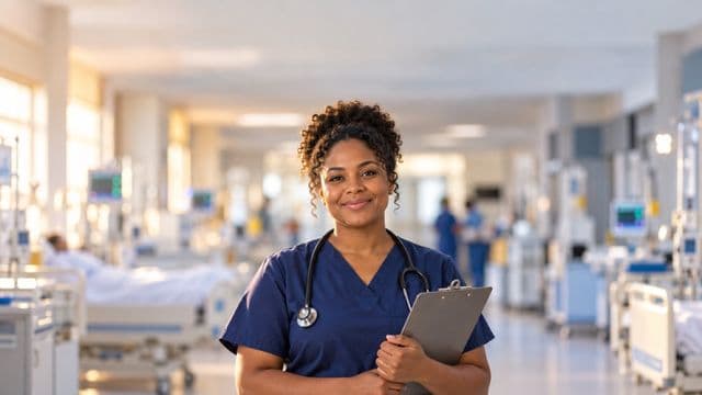Enfermeira sorrindo, com uniforme hospitalar azul-marinho e estetoscópio no pescoço, segurando uma prancheta, em o corredor de um hospital moderno e bem iluminado, com leitos e equipamentos