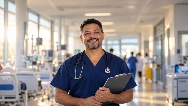 Enfermeiro sorrindo, com uniforme hospitalar azul-marinho e estetoscópio no pescoço, segurando uma prancheta, em o corredor de um hospital moderno e bem iluminado, com leitos e equipamentos