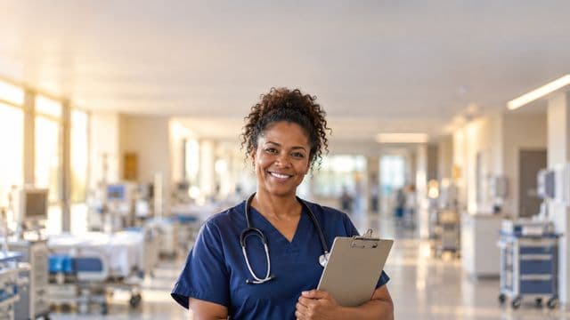 Enfermeira sorrindo, com uniforme hospitalar azul-marinho e estetoscópio no pescoço, segurando uma prancheta, em o corredor de um hospital moderno e bem iluminado, com leitos e equipamentos