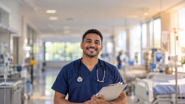 Enfermeiro sorrindo, com uniforme hospitalar azul-marinho e estetoscópio no pescoço, segurando uma prancheta, em o corredor de um hospital moderno e bem iluminado, com leitos e equipamentos
