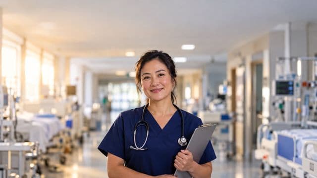 Enfermeira sorrindo, com uniforme hospitalar azul-marinho e estetoscópio no pescoço, segurando uma prancheta, em o corredor de um hospital moderno e bem iluminado, com leitos e equipamentos