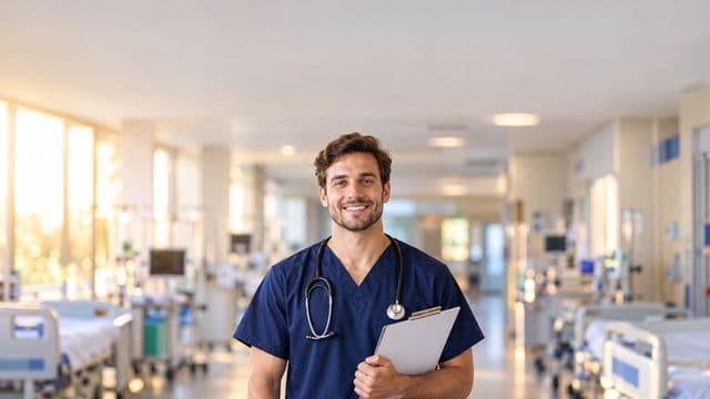 Enfermeiro sorrindo, com uniforme hospitalar azul-marinho e estetoscópio no pescoço, segurando uma prancheta, em o corredor de um hospital moderno e bem iluminado, com leitos e equipamentos