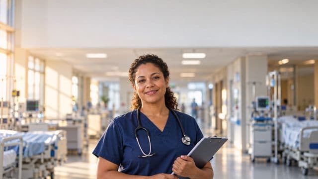 Enfermeira sorrindo, com uniforme hospitalar azul-marinho e estetoscópio no pescoço, segurando uma prancheta, em o corredor de um hospital moderno e bem iluminado, com leitos e equipamentos