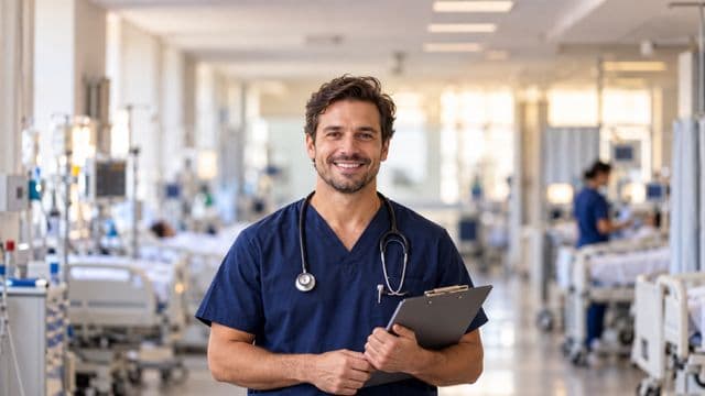 Enfermeiro sorrindo, com uniforme hospitalar azul-marinho e estetoscópio no pescoço, segurando uma prancheta, em o corredor de um hospital moderno e bem iluminado, com leitos e equipamentos