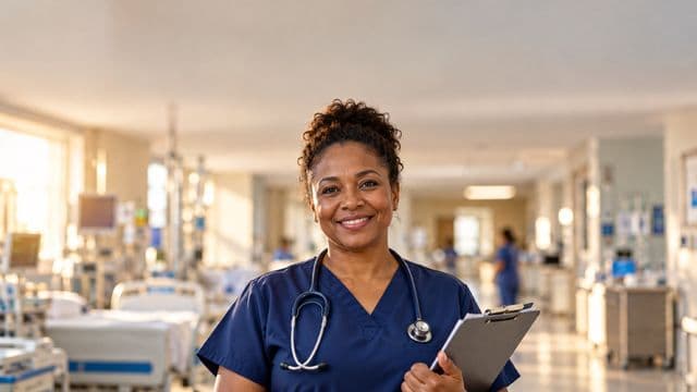 Enfermeira sorrindo, com uniforme hospitalar azul-marinho e estetoscópio no pescoço, segurando uma prancheta, em o corredor de um hospital moderno e bem iluminado, com leitos e equipamentos