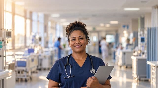 Enfermeira sorrindo, com uniforme hospitalar azul-marinho e estetoscópio no pescoço, segurando uma prancheta, em o corredor de um hospital moderno e bem iluminado, com leitos e equipamentos