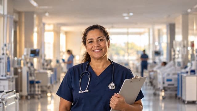 Enfermeira sorrindo, com uniforme hospitalar azul-marinho e estetoscópio no pescoço, segurando uma prancheta, em o corredor de um hospital moderno e bem iluminado, com leitos e equipamentos