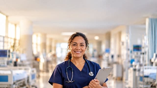 Enfermeira sorrindo, com uniforme hospitalar azul-marinho e estetoscópio no pescoço, segurando uma prancheta, em o corredor de um hospital moderno e bem iluminado, com leitos e equipamentos