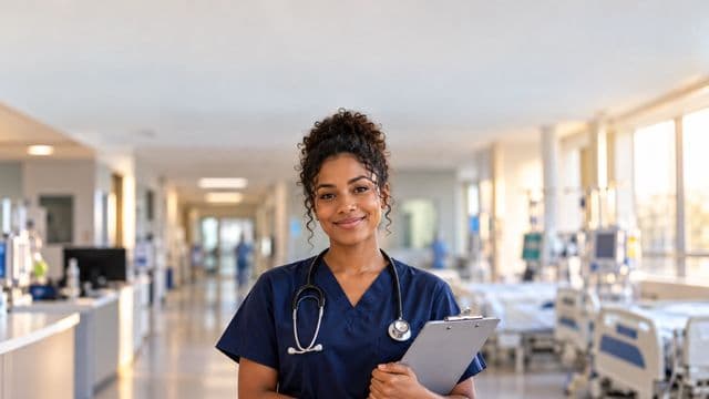 Enfermeira sorrindo, com uniforme hospitalar azul-marinho e estetoscópio no pescoço, segurando uma prancheta, em o corredor de um hospital moderno e bem iluminado, com leitos e equipamentos
