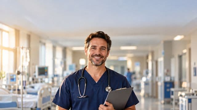 Enfermeiro sorrindo, com uniforme hospitalar azul-marinho e estetoscópio no pescoço, segurando uma prancheta, em o corredor de um hospital moderno e bem iluminado, com leitos e equipamentos