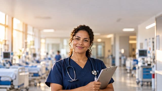 Enfermeira sorrindo, com uniforme hospitalar azul-marinho e estetoscópio no pescoço, segurando uma prancheta, em o corredor de um hospital moderno e bem iluminado, com leitos e equipamentos
