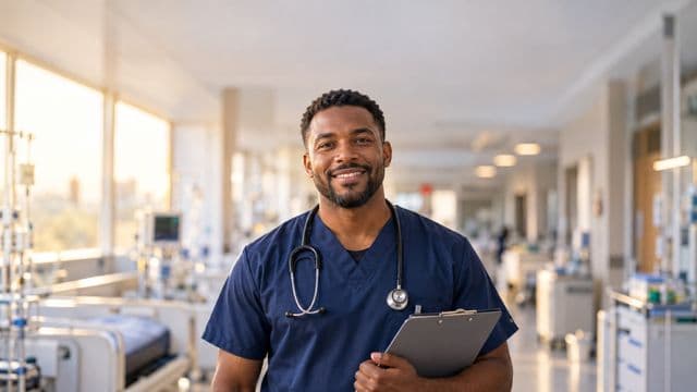 Enfermeiro sorrindo, com uniforme hospitalar azul-marinho e estetoscópio no pescoço, segurando uma prancheta, em o corredor de um hospital moderno e bem iluminado, com leitos e equipamentos