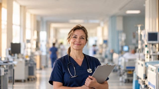 Enfermeira sorrindo, com uniforme hospitalar azul-marinho e estetoscópio no pescoço, segurando uma prancheta, em o corredor de um hospital moderno e bem iluminado, com leitos e equipamentos